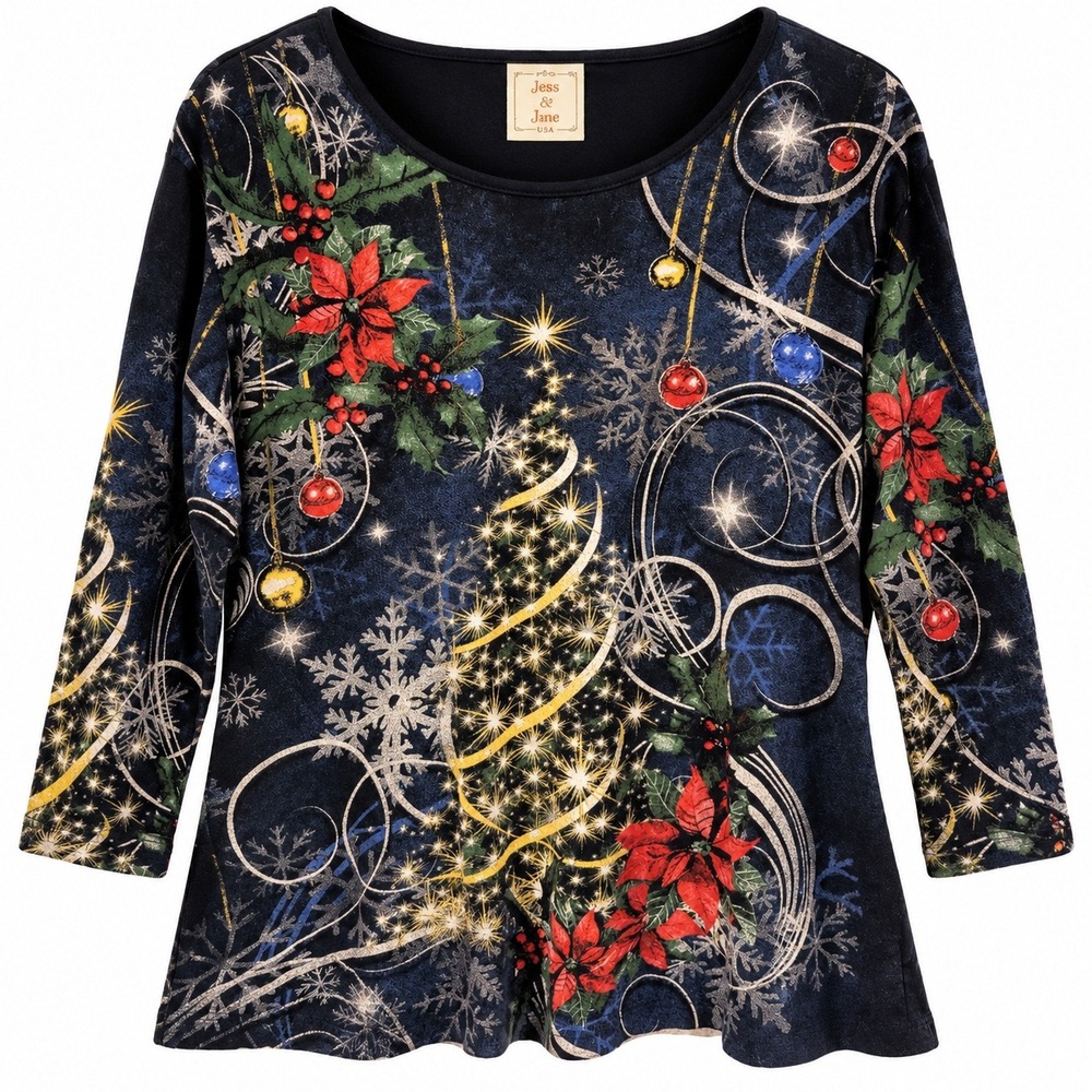 Jess & Jane Christmas Tree Poinsettia Top L Navy Blue 3/4 Sleeve Holiday Festive
